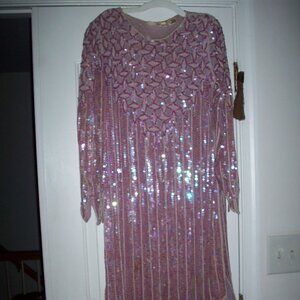 Vintage Swee Lo Silk Sequin Dress L Pale Pink Beaded Art Deco Flapper 80s-Stains